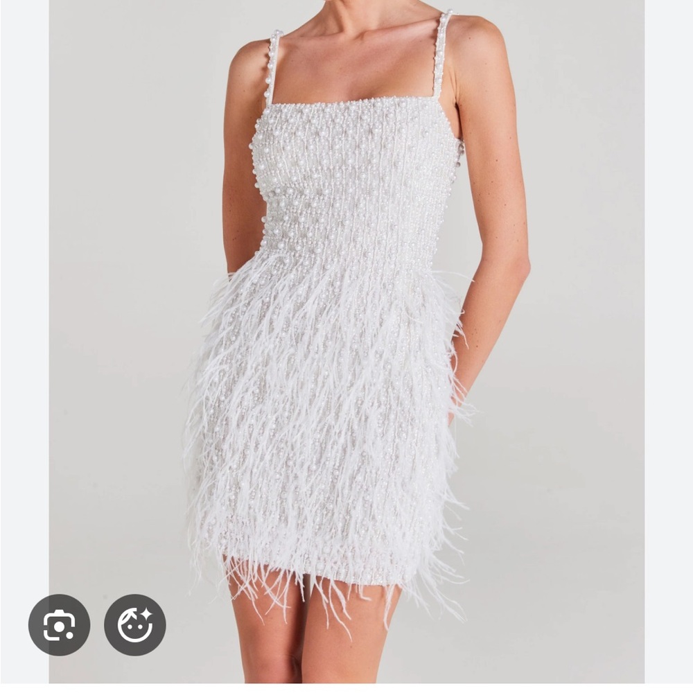 NADINE MERABI Carrie White Feathered Mini Dress